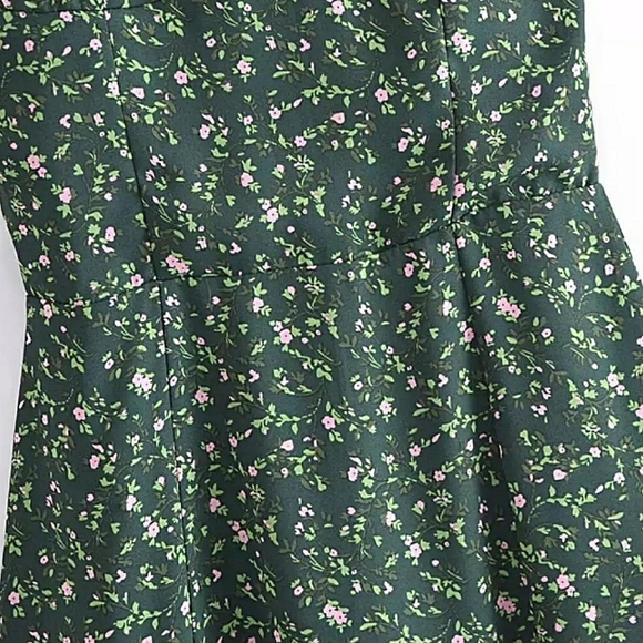 Green Floral Sweetheart Neck Chiffon Dress with Ribbon Straps - Picture 8 of 16